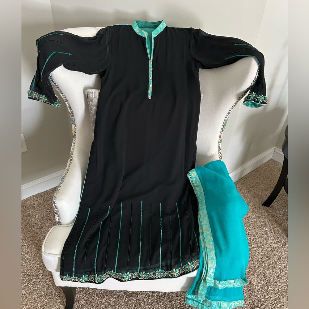 Black and Teal Embroidered Dress with Scarf